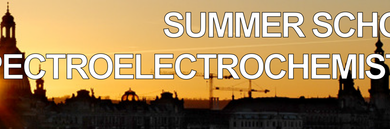 City skyline at sunset with silhouettes of historic buildings and the text 'SUMMER SCHOOL SPECTROELECTROCHEMIS' in the foreground.