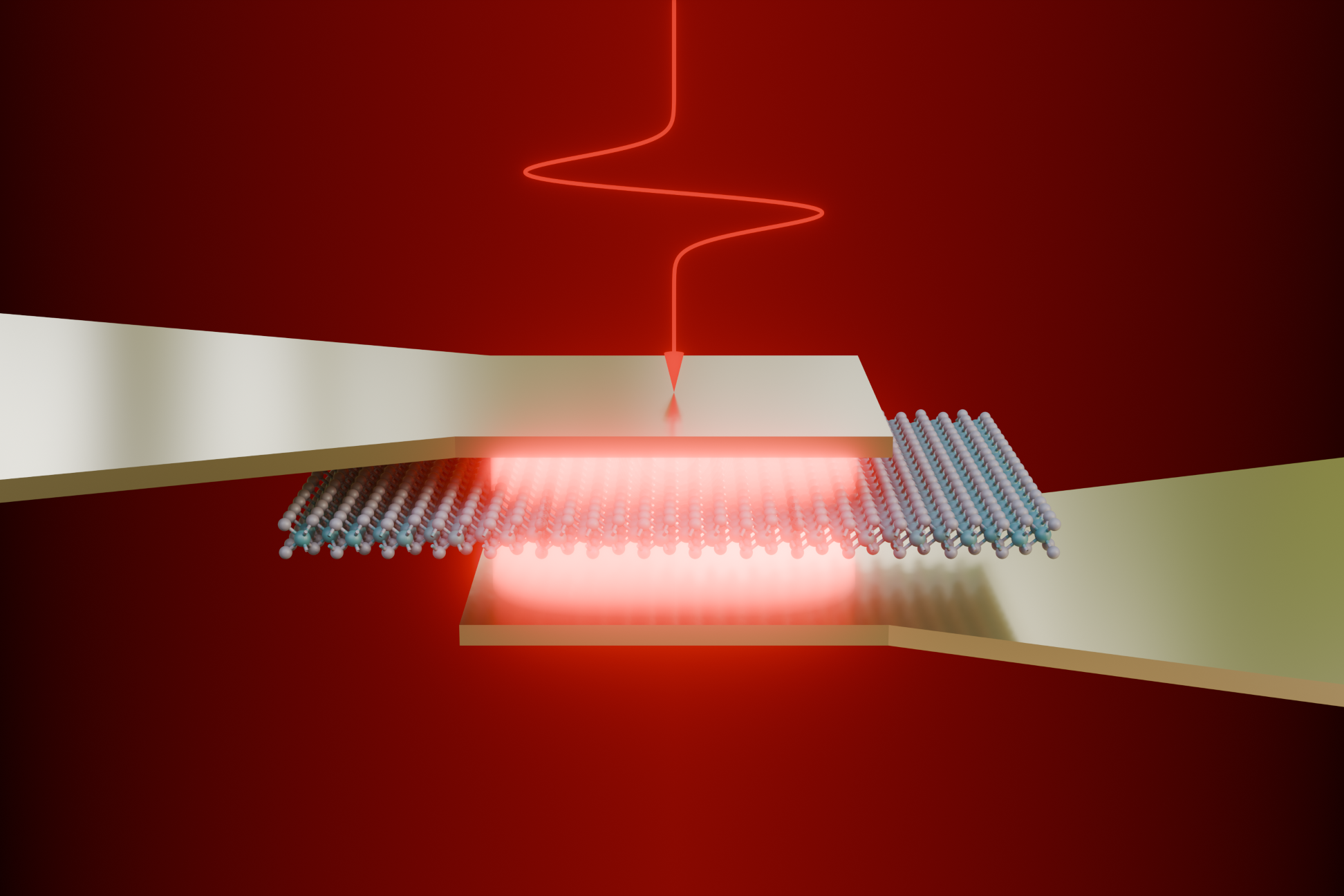 Schematischer Aufbau ultradünner Halbleiter. Zwei goldfarbene dünne Schichten, dazwischen eine atomare Struktur mit hellen Lichtflecken.