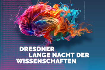 Bunte Ansammlung von Farbe und Strukturen zu einer Form eines menschlichen gehirns. Darunter der Schriftzug: Dresdner Lange Nacht der Wissenschaften.