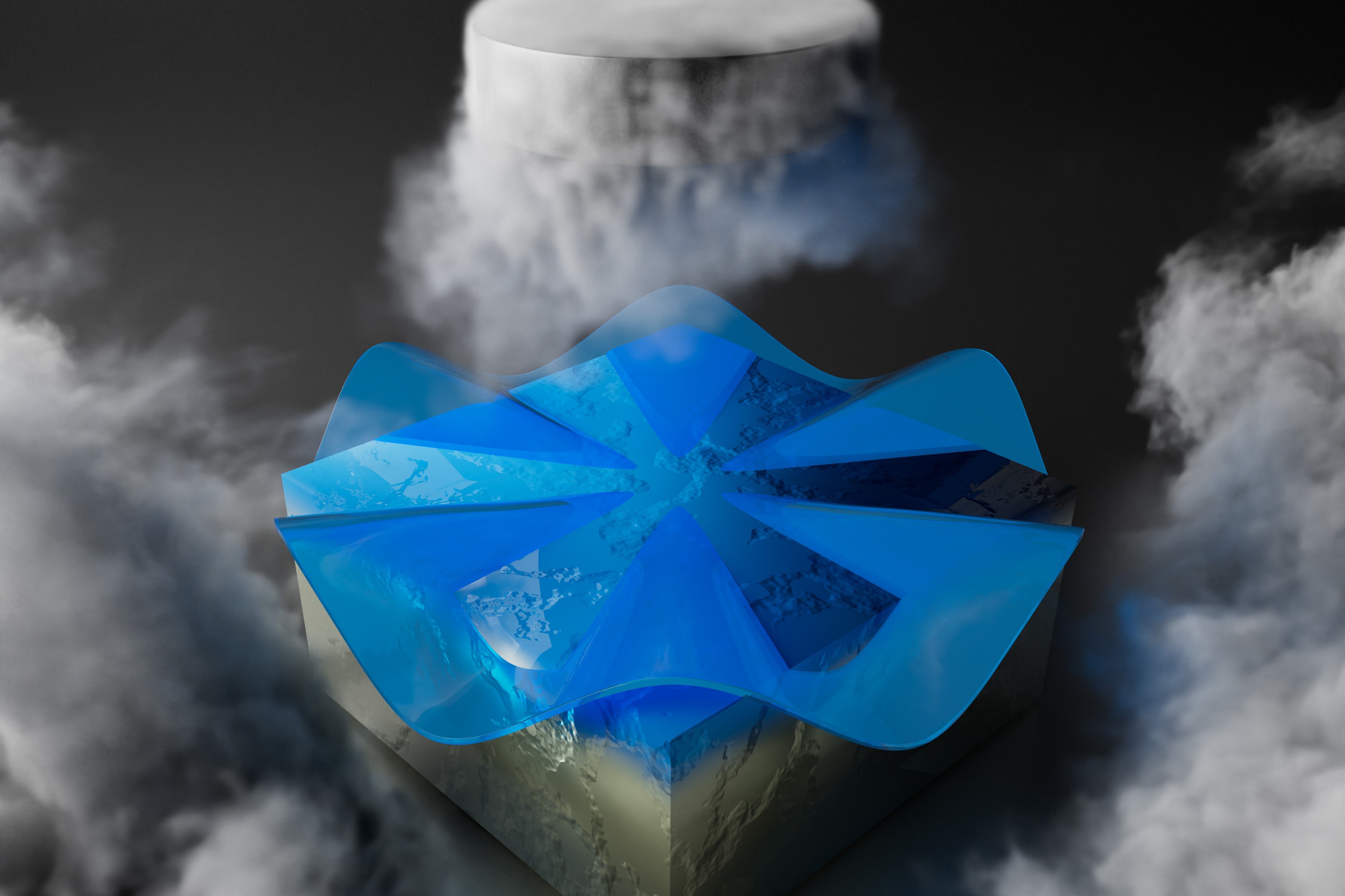 Silbergraue Materialstücke mit einer sechsstrahligen Decke in blauer Farbe. Die Umgebung ist von wolkenartigen Strukturen umgeben.