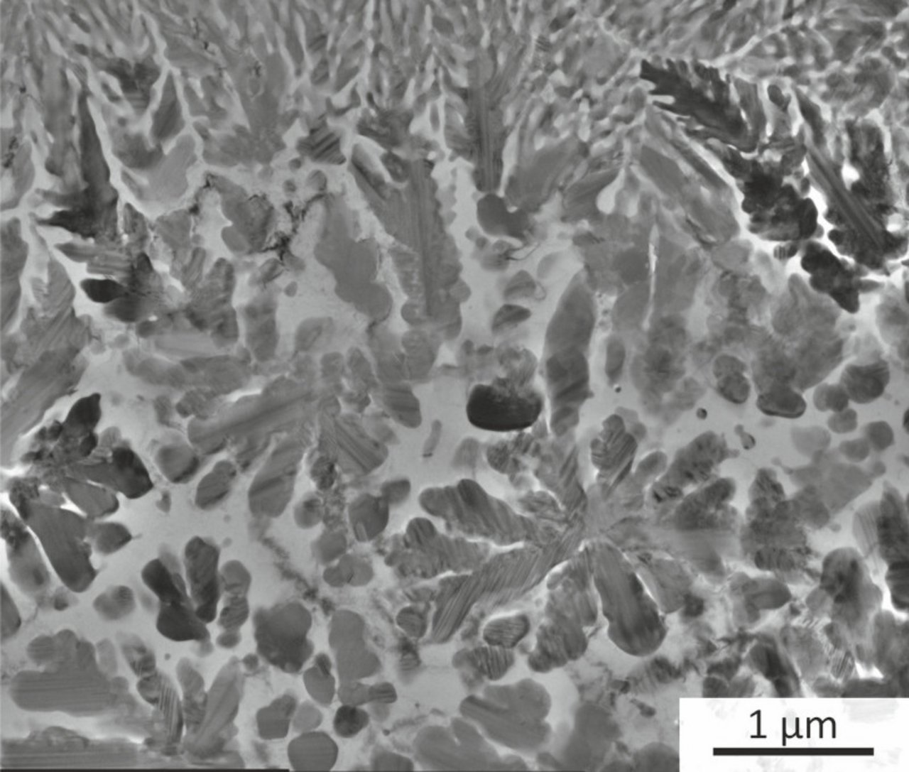 TEM image of a PBF-LB/M specimen showing the twinned Al20Mn2Ce phase and the Al-matrix.