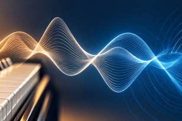 Piano keys with abstract glowing sound waves in blue and gold.