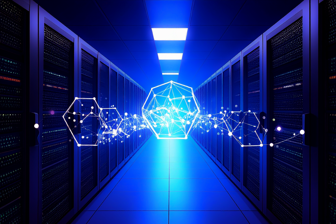 Ein Raum mit angedeuteten Schrankelementen auf der linken und rechten Seite. In der Mitte schwebt ein illustriertes Molekülmodell. Alles erscheint in einem bläulichen Licht.