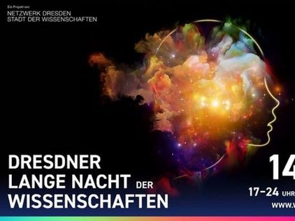 Profile silhouette of a human head filled with colorful abstract light patterns on a black background with text about Dresden's Long Night of Sciences event on June 14, 2024