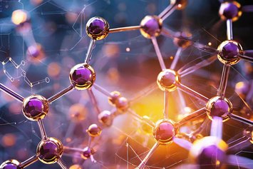 Chemische Strukturen futuristisch in orange- und lilafarbenen Lichteffekten schwebend im Raum.