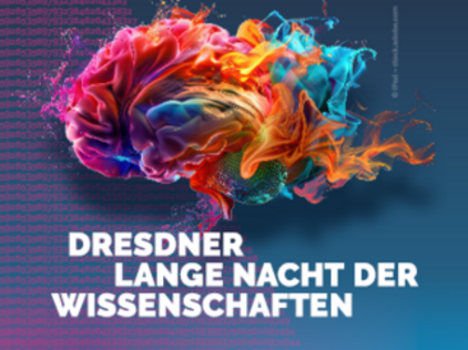 Colorful abstract brain with flames on dark blue background and the text 'DRESDNER LANGE NACHT DER WISSENSCHAFTEN'