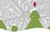 Eine grau-weiße Sternenstruktur im Hintergrund. Davor einige Nadelbäume, die aus grünen Dreiecken zusammengesetzt sind. Am unteren Bildrand ist eine weiße Fläche als Schneedecke zu erkennen.