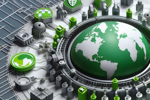Green globe at the center of a complex circuit board design with multiple green icons symbolizing sustainability and security.