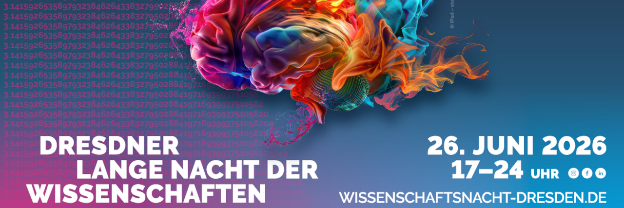 Bunte Ansammlung von Farbe und Strukturen zu einer Form eines menschlichen gehirns. Darunter der Schriftzug: Dresdner Lange Nacht der Wissenschaften