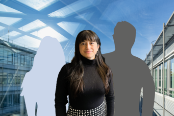 Foto einer Frau und zwei Schattenrisse von weiteren Personen. Im Hintergrund der Gebäudekomplex des IFW Dresden vor blauem Himmel.