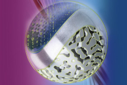 Translucent sphere with binary numbers and organic-shaped patterns against a purple background.