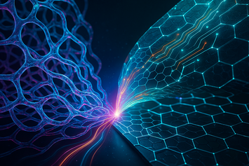 Zwei Materialstrukturen treffen aufeinander. Der Hintergrund ist dunkel. An der Stelle des Zusammentreffens bildet sich ein heller, bunter Schein.