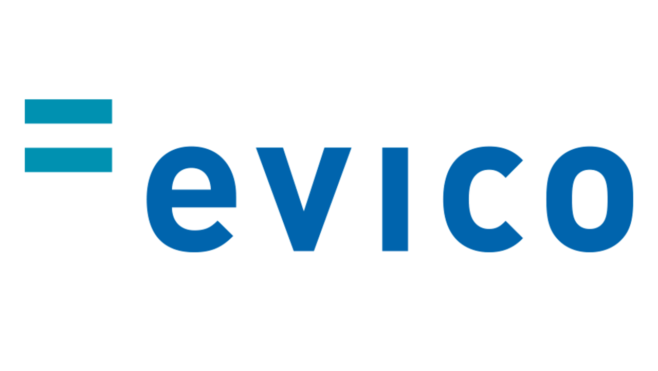 Blue logo with two horizontal lines on the left and the word 'evico' on the right on a white background.
