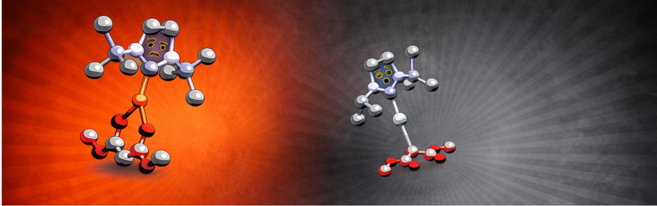 Two stylized molecule figures with faces, one on a red background and the other on a gray background