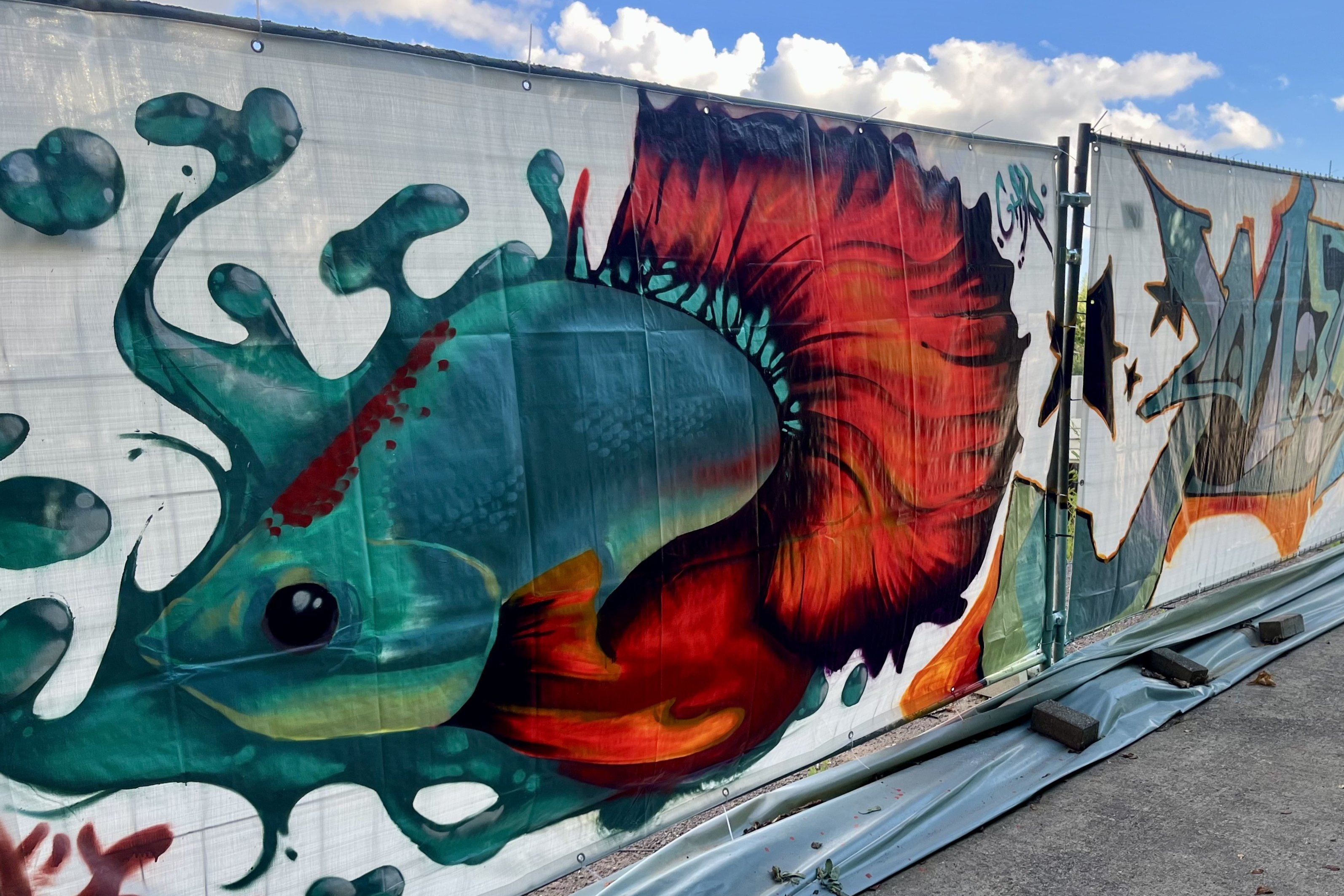 Ein gesprühtes Graffitibild auf einer Bauzaunbespannung zeigt einen türkis-roten Fisch.