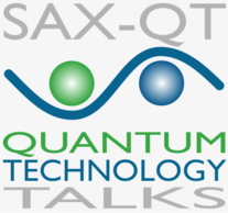 Logo featuring the text 'SAX-QT' at the top, two stylized spheres in green and blue connected by a curved line below, and the text 'QUANTUM TECHNOLOGY TALKS' in green and blue underneath.