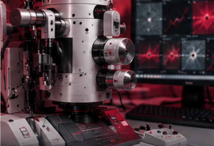 A modern electron microscope stands in front of digital analytical data, representing advanced characterization techniques for materials research.