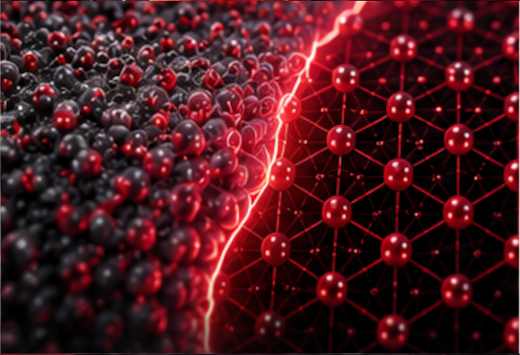 A boundary between two atomic structures is highlighted by a glowing red interface where new atomic arrangements begin to emerge.