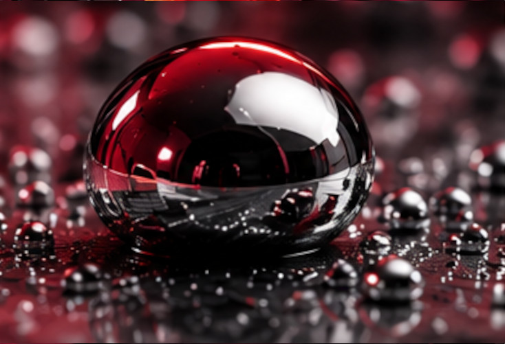 A reflective liquid metal droplet surrounded by smaller droplets symbolizes the unique structure and properties of liquid and amorphous metallic materials.