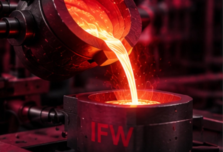 Molten metal is poured from a crucible into a mould, illustrating the formation of advanced metallic materials through solidification.