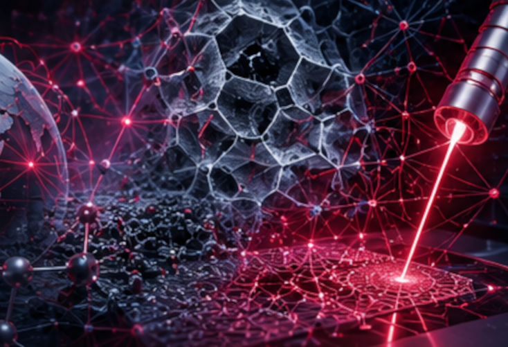 A global research network connects advanced materials, microscopic structures, and scientific instrumentation, representing collaborative materials science projects and technological innovation.