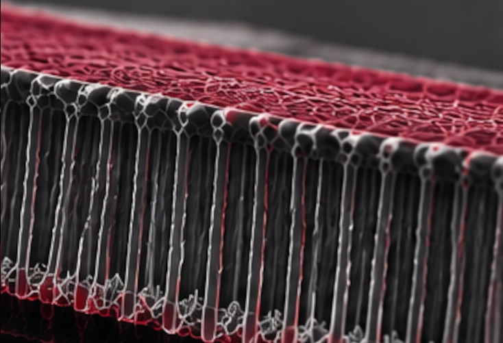A high-resolution microstructure reveals layered nanoscale architectures and interfaces within an advanced material.