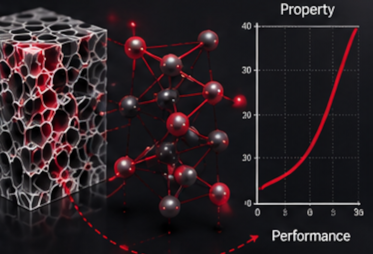 A material microstructure transitions into an atomic network and a performance graph, illustrating how structure determines material properties.