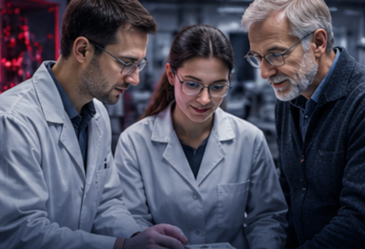 A diverse team of researchers collaborates in a modern laboratory, discussing experimental results and advancing materials science together.