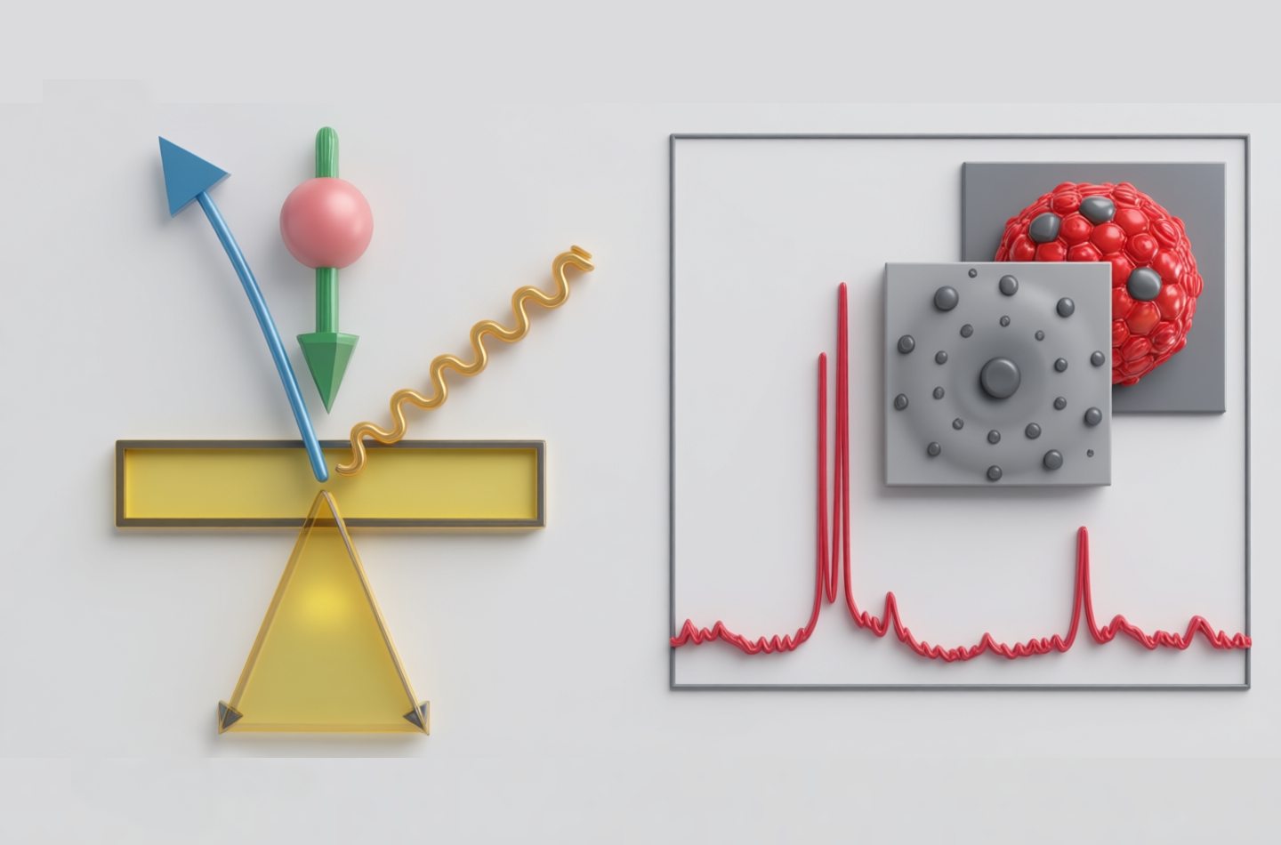 Two schematic illustrations: left shows a beam hitting a sample and scattering, right shows a graph with peaks and two insets of hexagonally arranged dots.