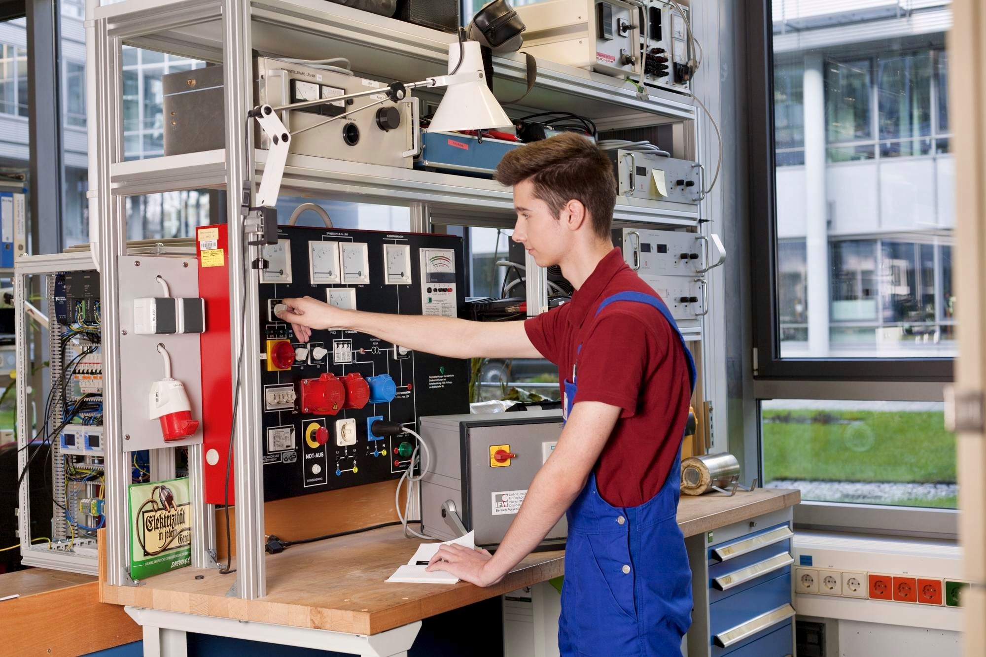 Young electrician in red T-shirt and blue overalls operating control panel in workshop with windows in the background.