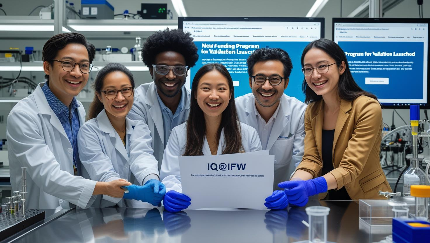 Eine Gruppe Menschen in weißen Kitteln und blauen Gummihandschuhen hält gemeinsam ein Papier mit der Aufschrift IQ@IFW.