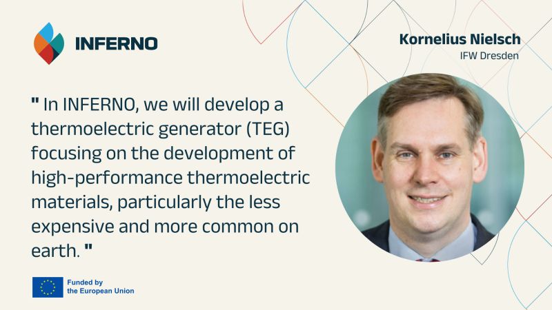 Picture of Prof. Kornelius Nielsch and his quote:“In INFERNO, we will develop a thermoelectric generator focusing on the development of high-performance thermoelectric materials, particularly the less expensive and more common on earth.” 